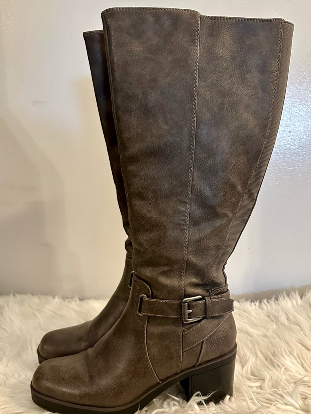 Bare Trap Wide Calf Knee-High Buckle Riding Boots in Taupe - Picture 3 of 9
